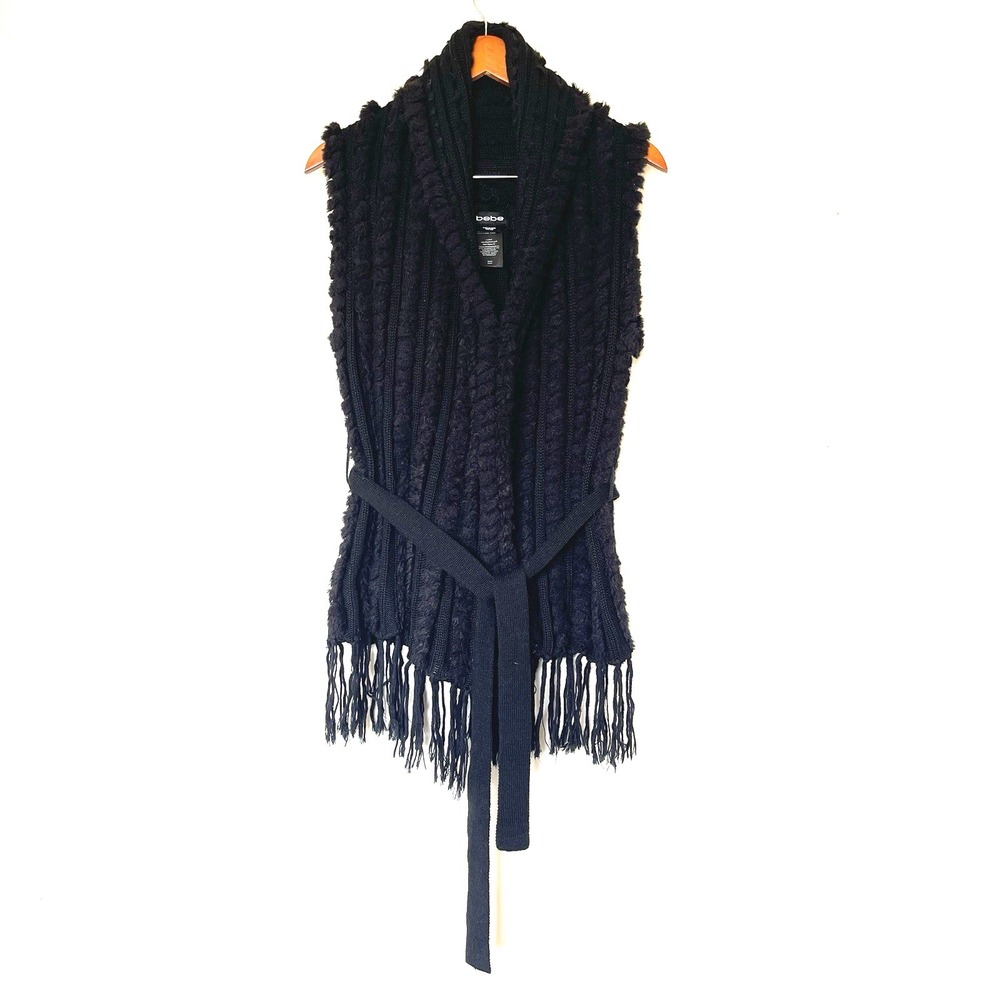 Vintage Y2K Bebe One Size‎ Faux Fur Sweater Vest Black Fringe Goth Grunge 90s